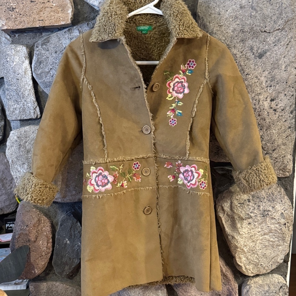 United Colors Of Benetton Penny Lane Teddy lined suede Jacket Floral Embroidery